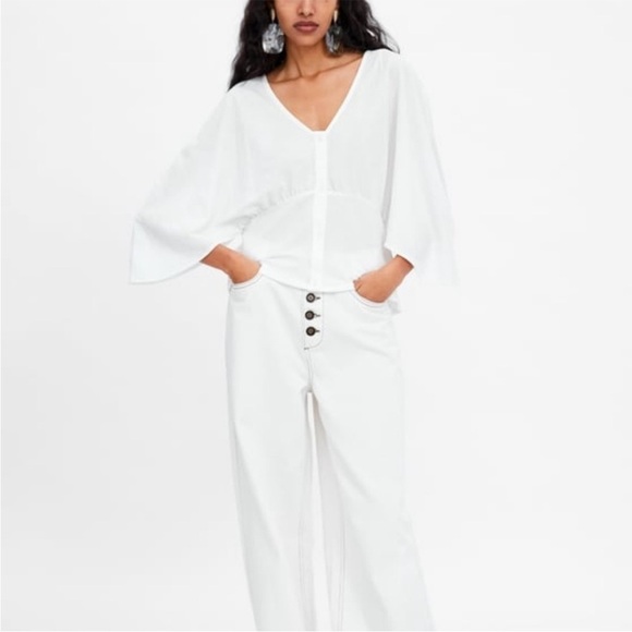 ZARA Gauzy Romantic White Batwing Dolman Sleeve Cropped Button Blouse Top - Picture 2 of 10